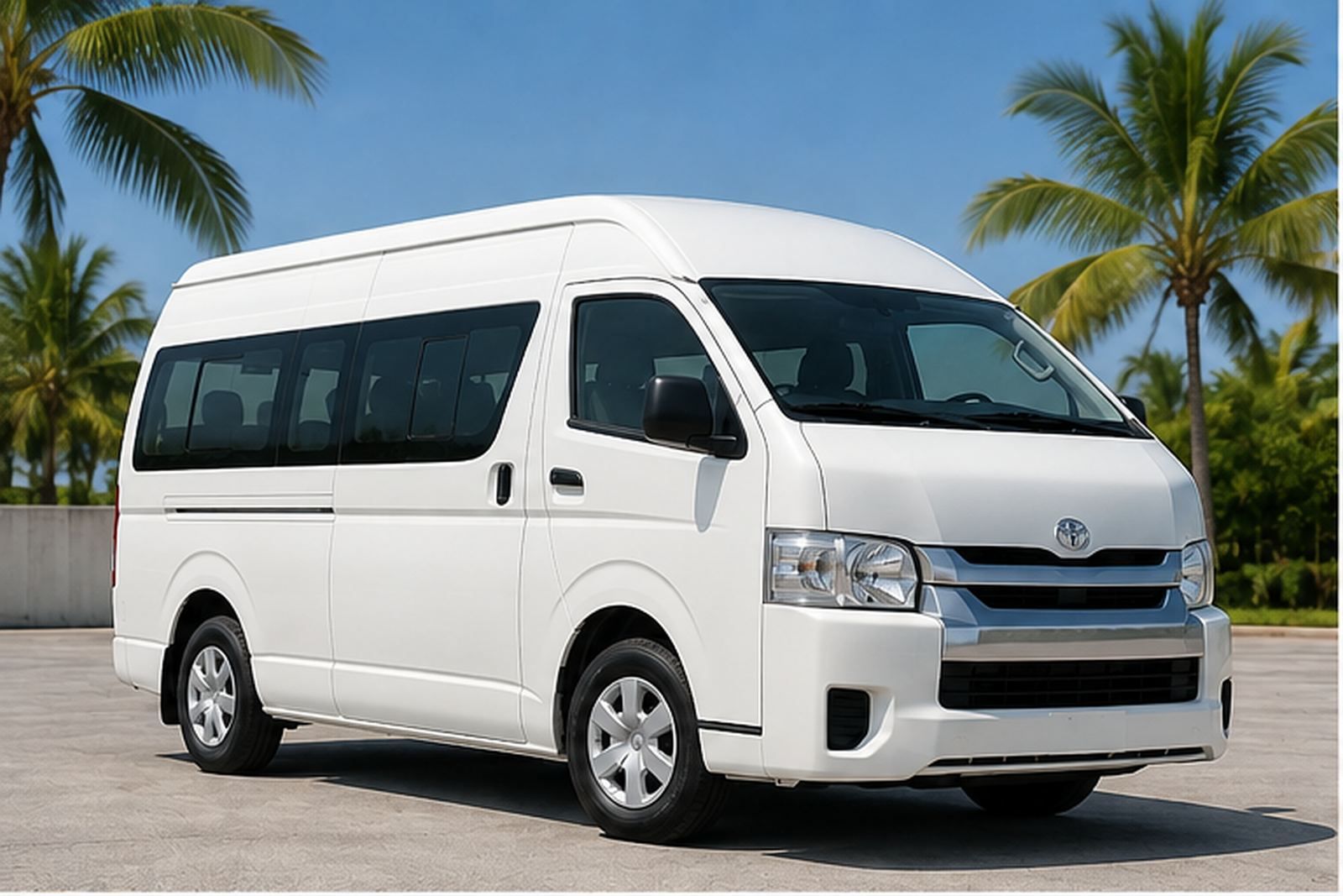 A white private passenger van parked under the palms